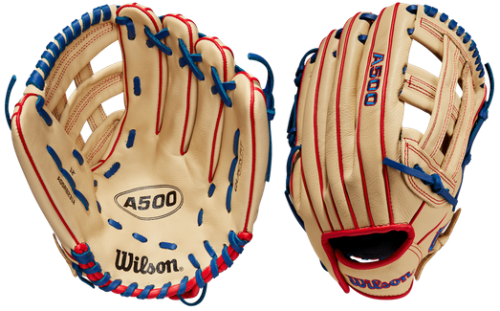 The A500 is the lightest all-leather glove in the game, and its youth-specific fit is designed for rising stars. Short, narrow finger stalls accommodate small hands, and the Quick-Fit Wrist elastic system adjusts to hug the wrist. Real leather laces improve durability, and Wilson’s signature dual welting maintains the glove shape. Features: Open Dual Post Web Blonde/Red/Royal Smaller hand opening for a more snug fit Top-grain leather -- all the feel without the weight Real leather laces -- tough and strong for maximum durability Double palm construction on the front side -- a thin, perfectly shaped piece of leather placed between the palm liner and outer shell, giving you what matters most: maximum pocket stability